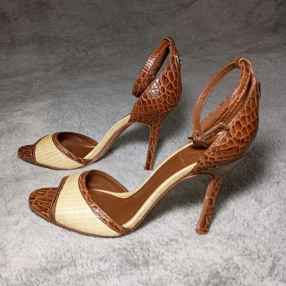 Tory Burch Croc Designed Ankle Strap Peep Toe Leather Heels Sandals Size 7M 7 M - Picture 2 of 16